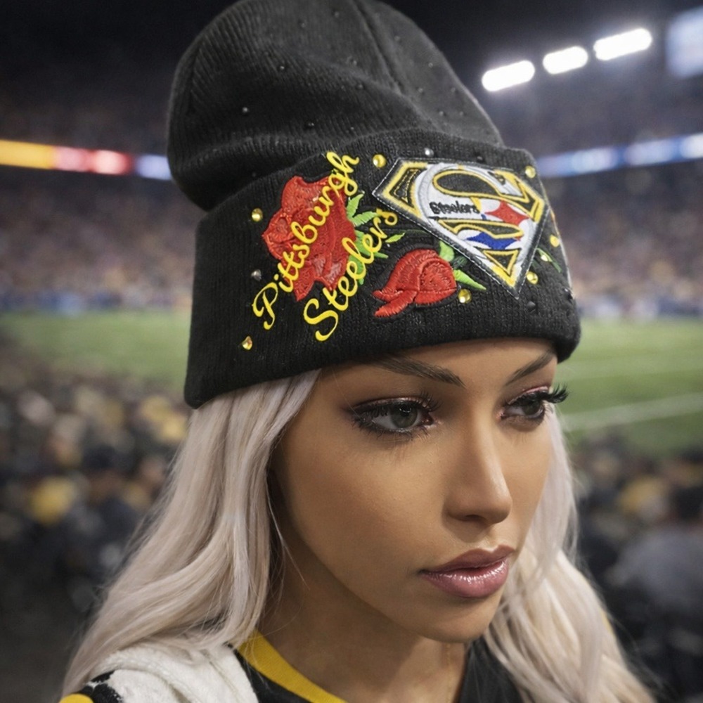 Pittsburgh Steelers Custom Rhinestone Beanie Black Knit Hat Rose Superman Logo - Picture 3 of 5